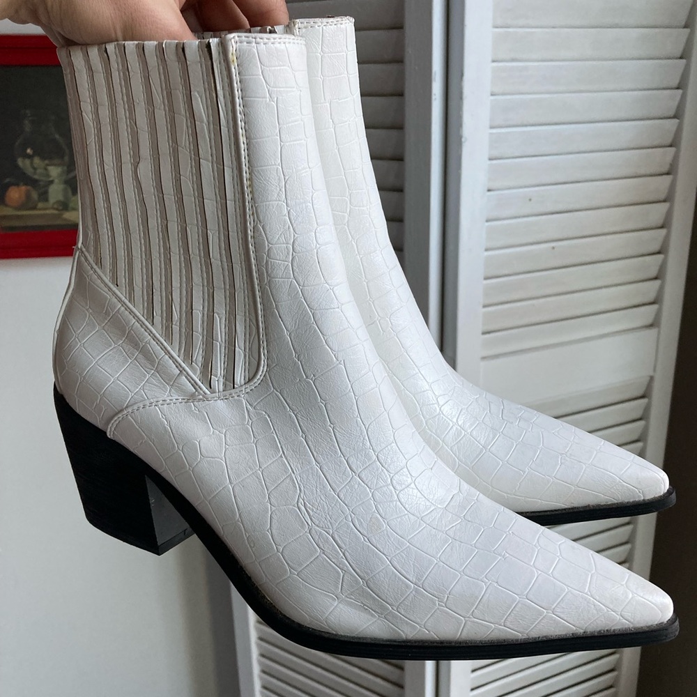 White Faux snakeskin ankle boots